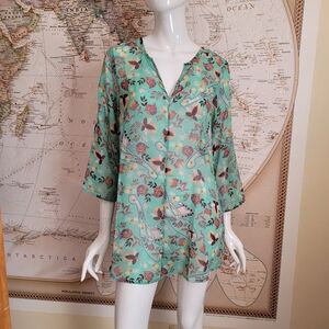 19 Cooper green sheer tunic pastel floral v-neck 3/4 tab sleeves fairy girl M